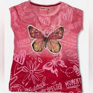 Desigual Pink & Red Short Sleeve Tee Butterfly Sequin Design Kids Large 9/10
